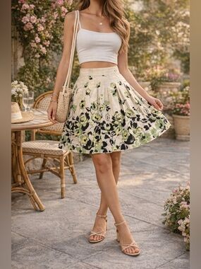 George Tropical Floral Pleated Skirt Size 4 | Cream Green Black Flare